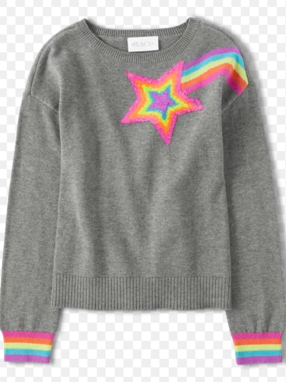 The Children's Place Gray Crewneck Sweater with Neon Rainbow Star